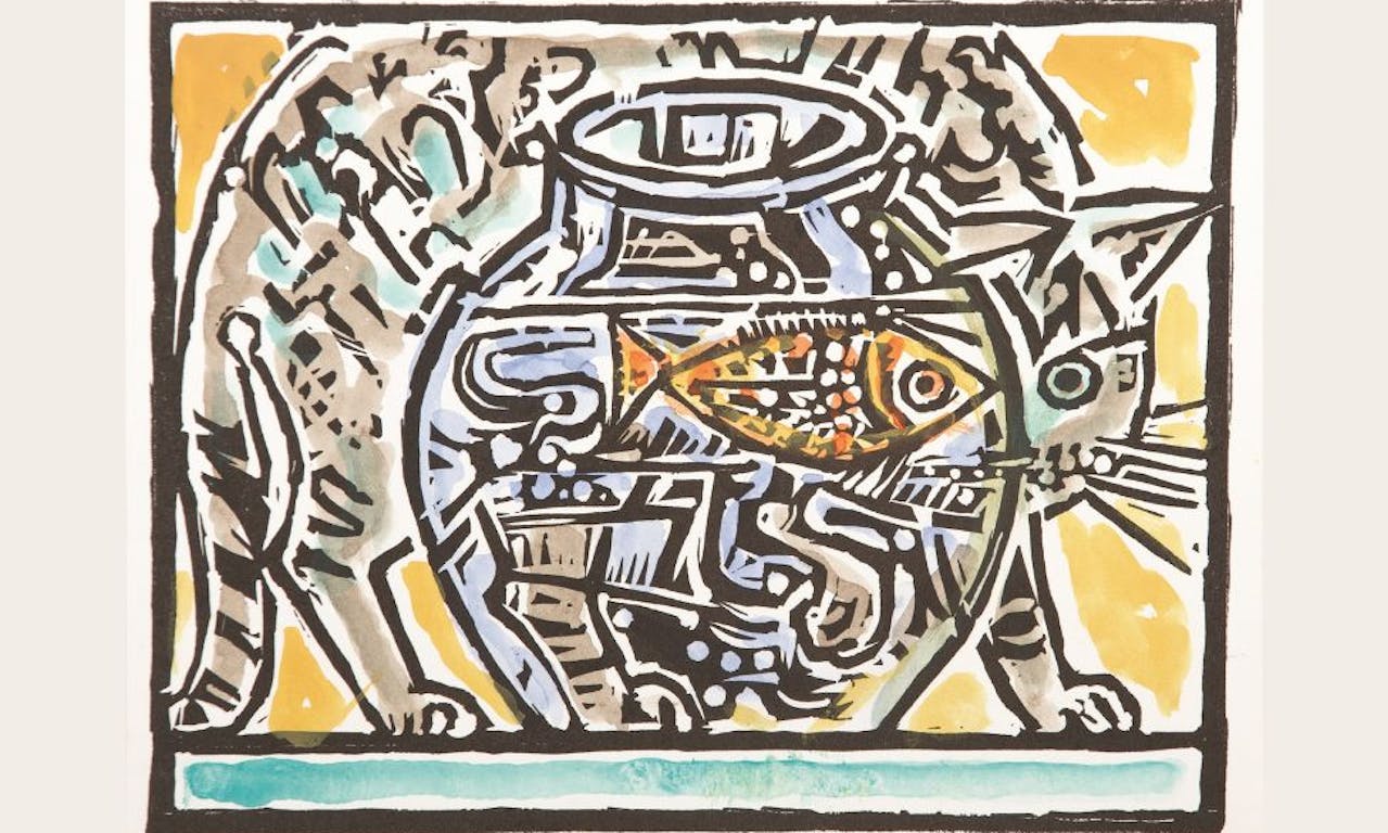 John Craxton (1922-2009) Cat and Goldfish, 1975 Linocut, Image courtesy of The Ingram Collection © The Estate of John Craxton, Licenced by DACS, London, 2025