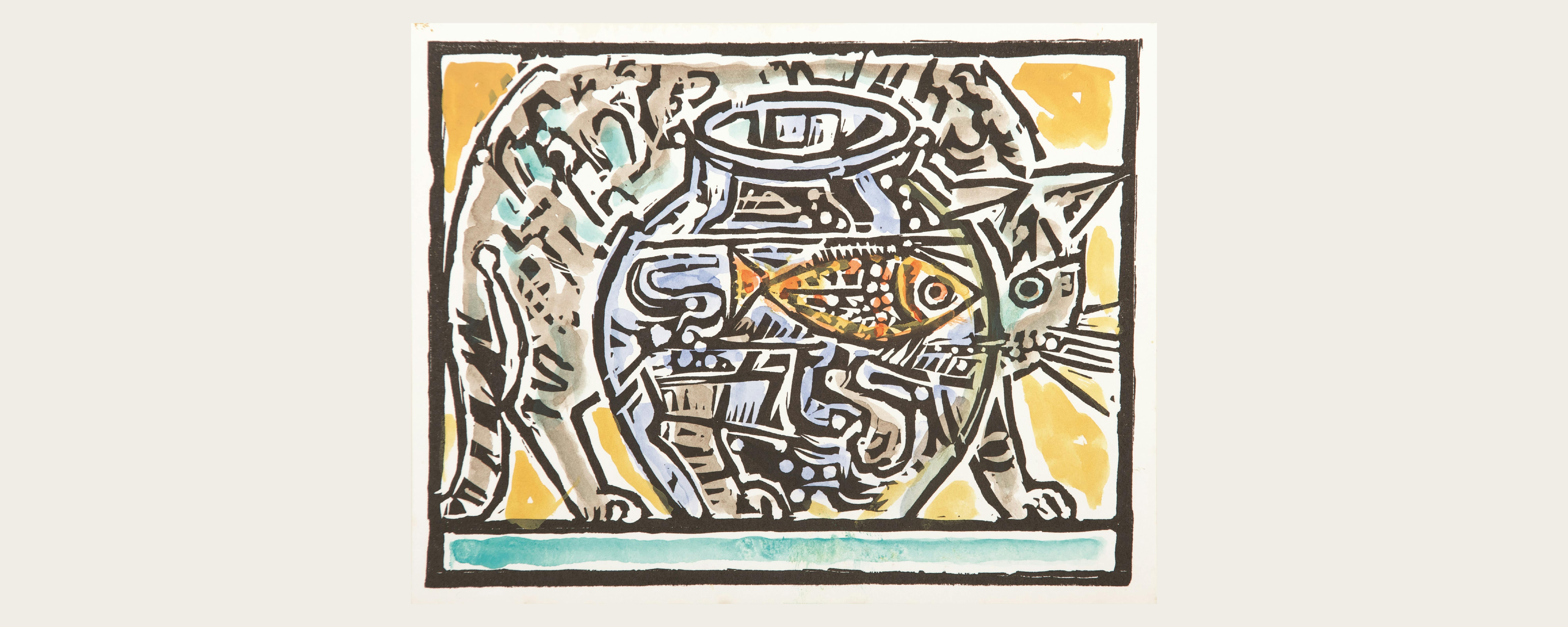 John Craxton (1922-2009) Cat and Goldfish, 1975 Linocut, Image courtesy of The Ingram Collection  © The Estate of John Craxton, Licenced by DACS, London, 2025