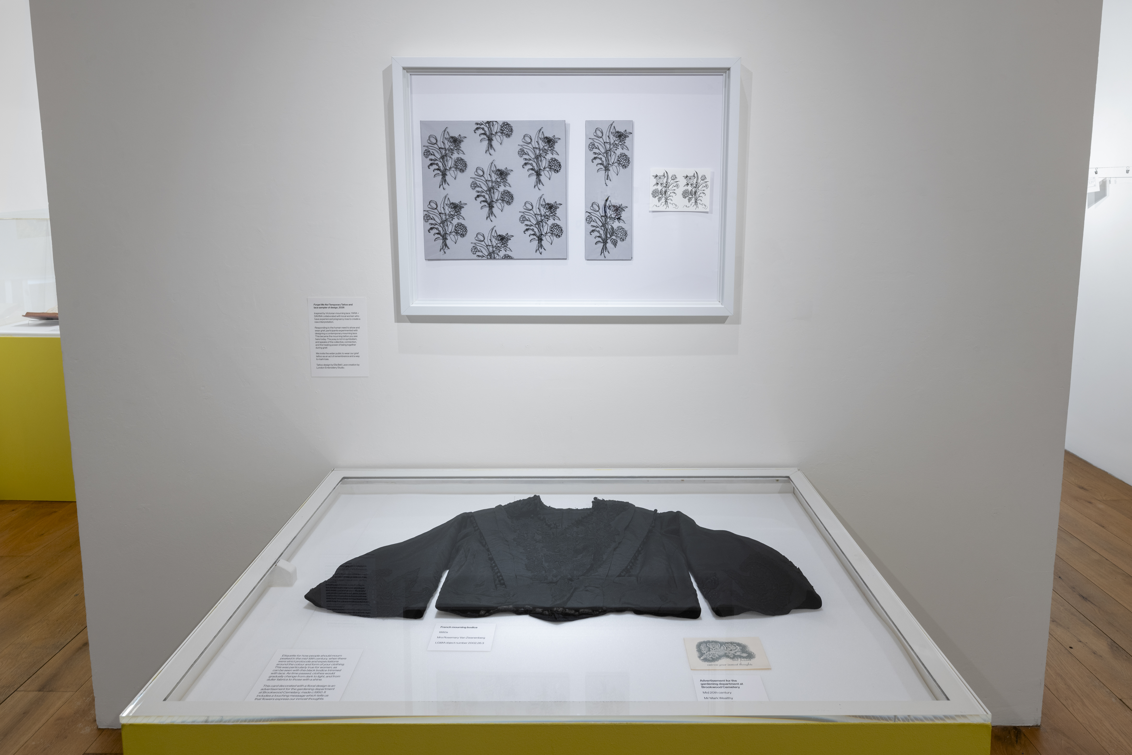 Installation shot of Mourning Lace from Lightbox Gallery & Museum and Forget Me Not Temporary Tattoo and lace sampler, 2026 © Deniz Guzel