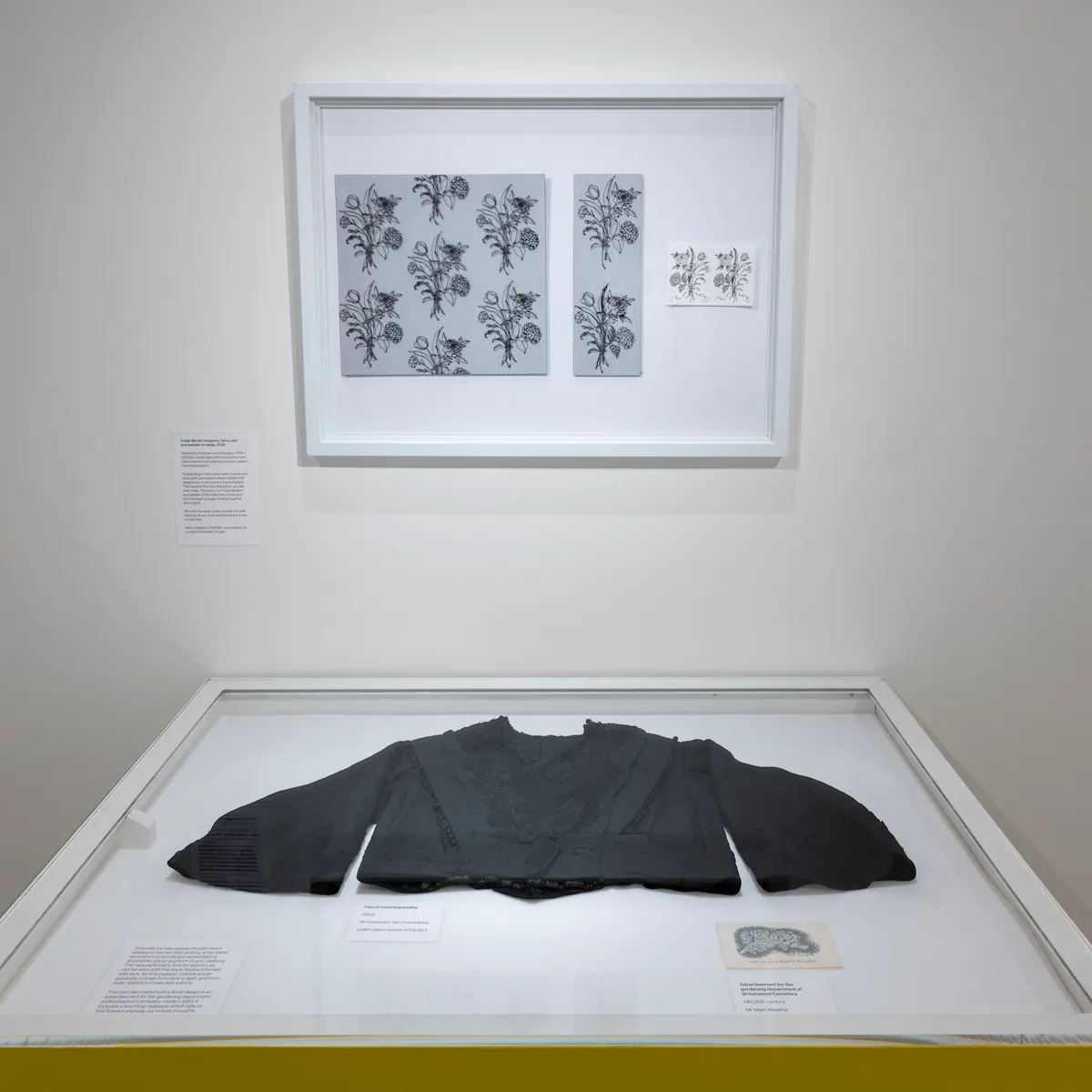Installation shot of Mourning Lace from Lightbox Gallery & Museum and Forget Me Not Temporary Tattoo and lace sampler, 2026 © Deniz Guzel