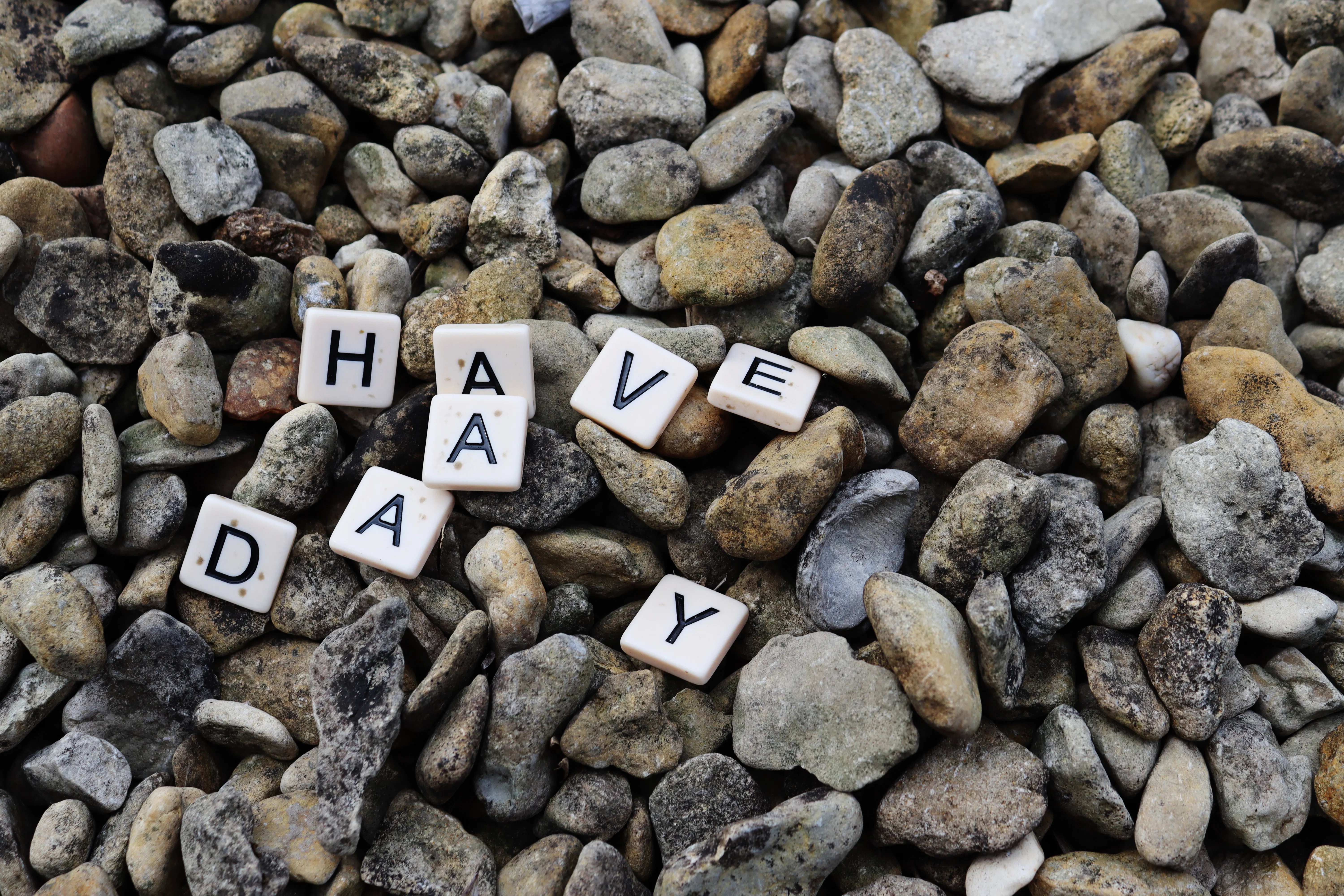 Scrabble letters reading 'Have A Day' on the grey pebbles