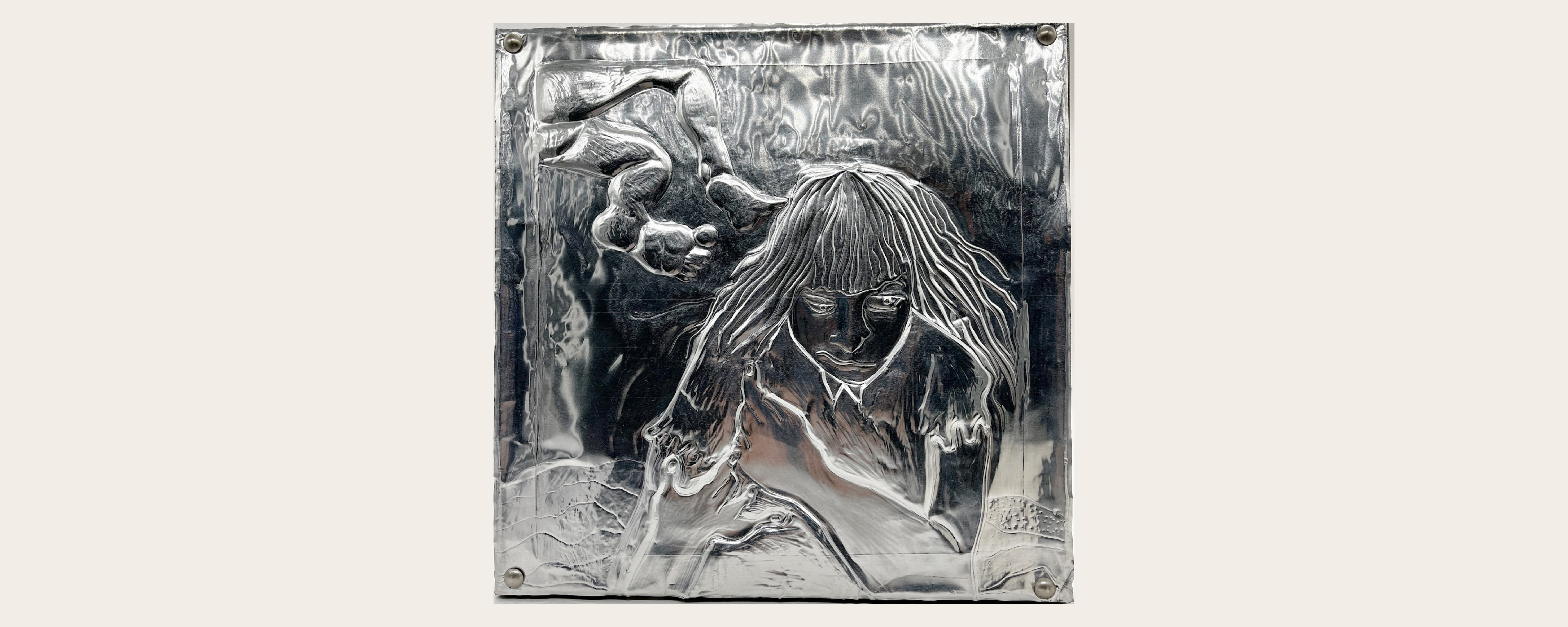 Charlotte Worthington, Animal 2, Hand-worked aluminium relief with metals tacks on stretched canvas, 30 x 30 cm, 2025 c. The Artist Charlotte Worthington