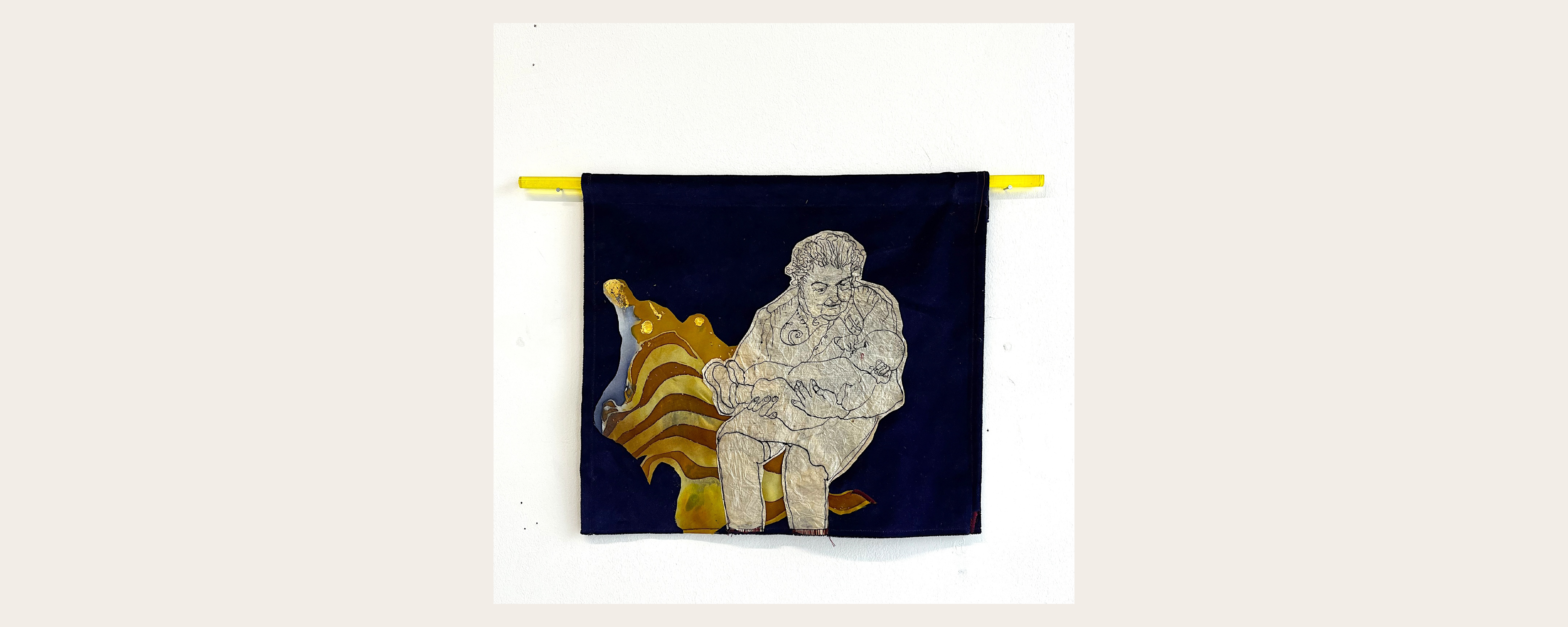 Charlotte Worthington, Silk skin, Ink on momigami paper, 24ct gold leaf sewn onto velvet and painted silk. 30 × 25 cm approx. hung on clear yellow Perspex rod. c. The Artist, Charlotte Worthington
