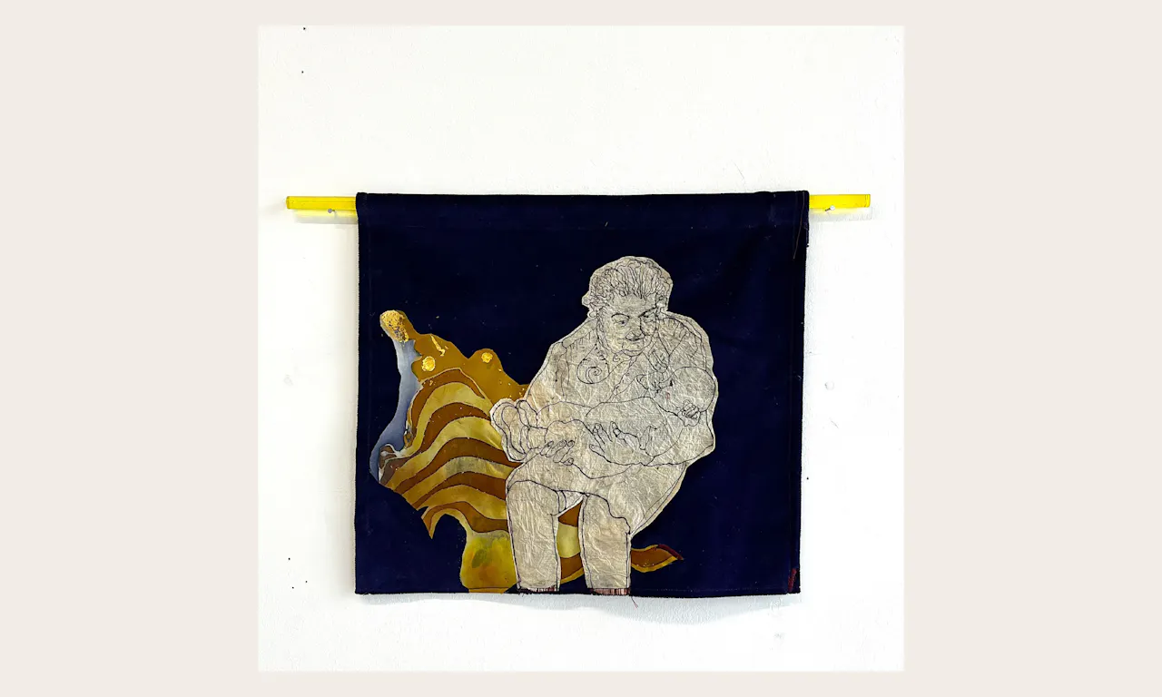 Charlotte Worthington, Silk skin, Ink on momigami paper, 24ct gold leaf sewn onto velvet and painted silk. 30 × 25 cm approx. hung on clear yellow Perspex rod. c. The Artist, Charlotte Worthington