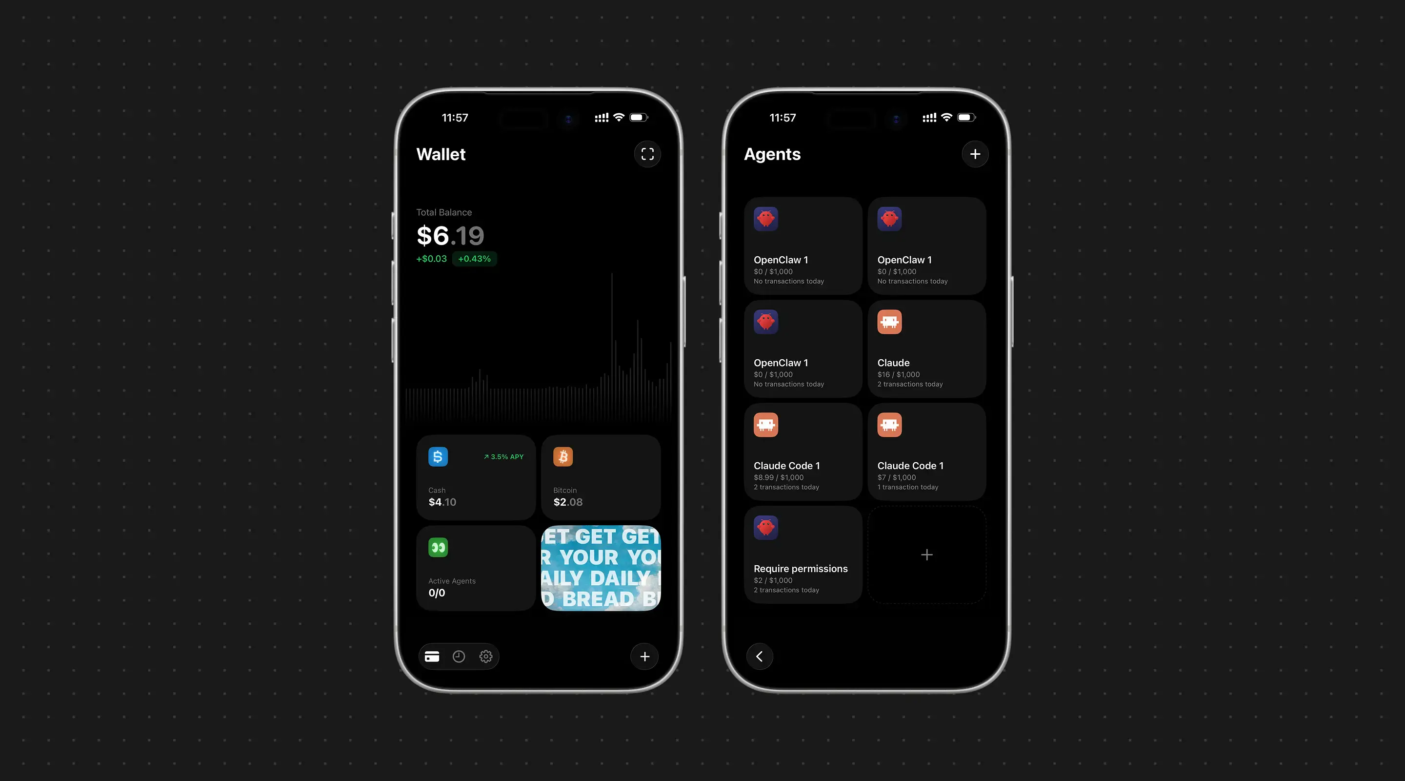 Bread Wallet (Insider Edition): account home (left), authorized agents (right)