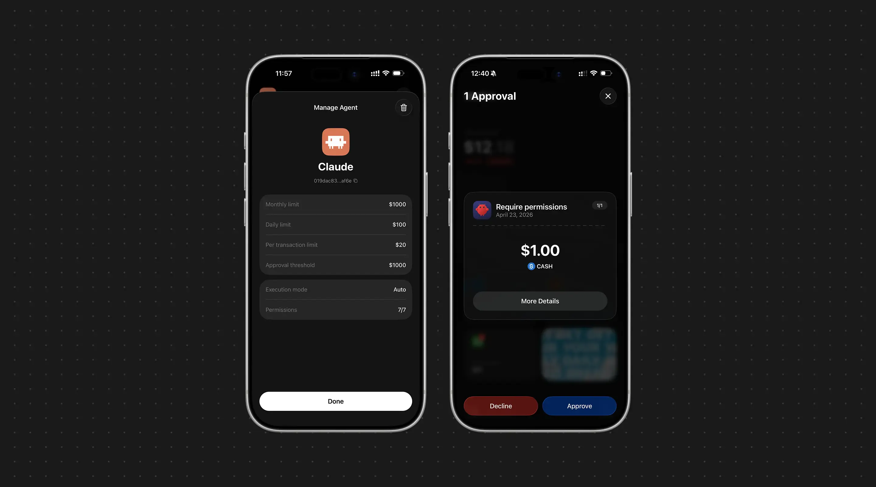 Bread Wallet (Insider Edition): spend limits and execution mode (left), approval prompt (right)