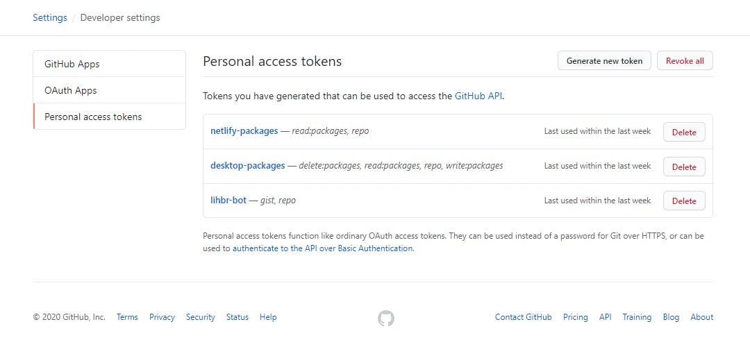 GitHub personal access tokens settings page