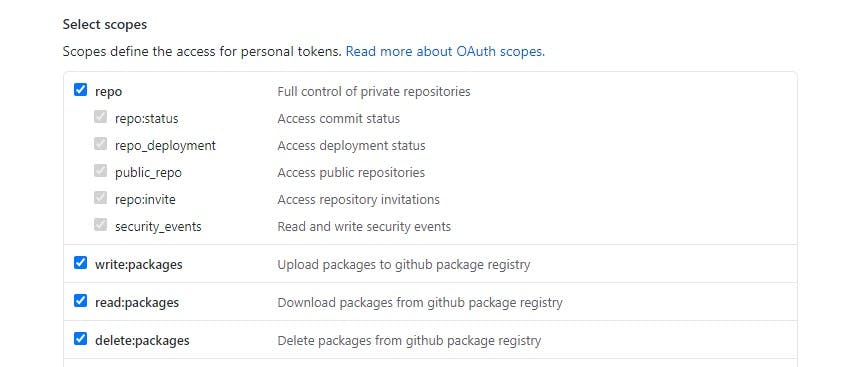 GitHub personal access tokens scopes for packages: repo, write:packages, read:packages, delete:packages