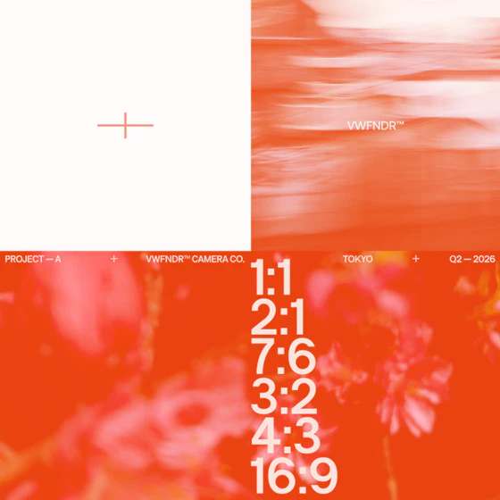 Graphic layout for VWFNDR™ Camera Co. Project A, Tokyo, Q2 2026. Split composition: a white panel with a crosshair mark on the left, a motion-blurred abstract photograph on the upper right, and a list of aspect ratios (1:1, 2:1, 7:6, 3:2, 4:3, 16:9) overlaid on a blurred floral photograph below. Red-orange filter overlay.
