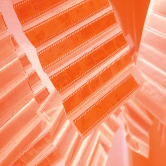 Close-up of 35mm film negative strips hanging diagonally, bearing Japanese text and Kitamura camera lab markings, shot from a low angle against a bright light source. Red-orange filter overlay.