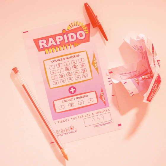 A filled-in French Rapido lottery slip (tirage numéro 149) on a pale surface, flanked by a clear ballpoint pen and a crumpled losing ticket to the right. Red-orange filter overlay.