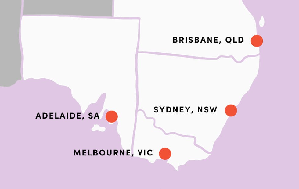 Map of Australia indicating the capital cities Like Family services: Sydney, Melbourne, Brisbane, Adelaide