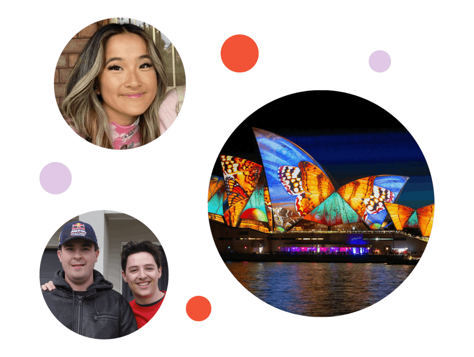 Round photos of Social Carers next to an image of the Sydney Opera House lit up
