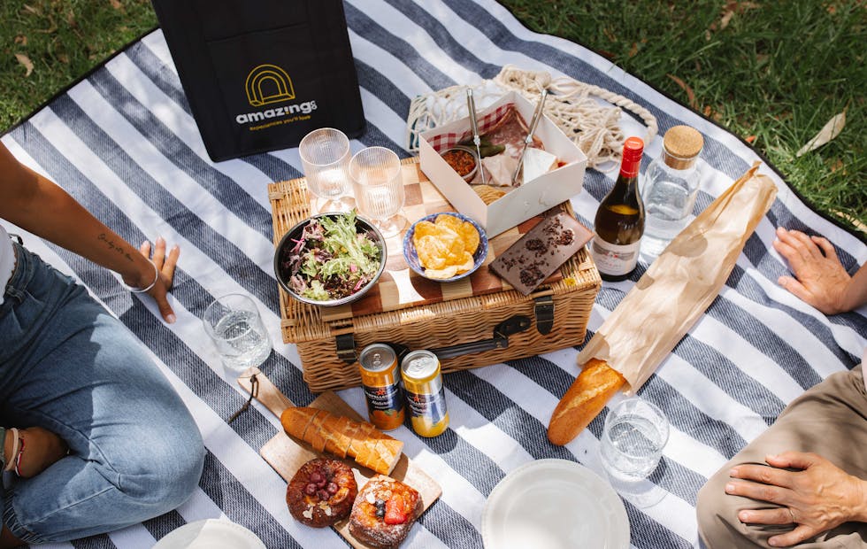 A blue striped picnic blanket with a spread of various picnic foods. Two people sit on either side of the blanket. An AmazingCo bag is in the top left.