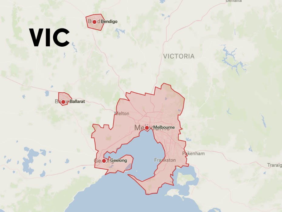 Map of where Like Family operates in Victoria, including Melbourne, Geelong, Bendigo and Ballarat