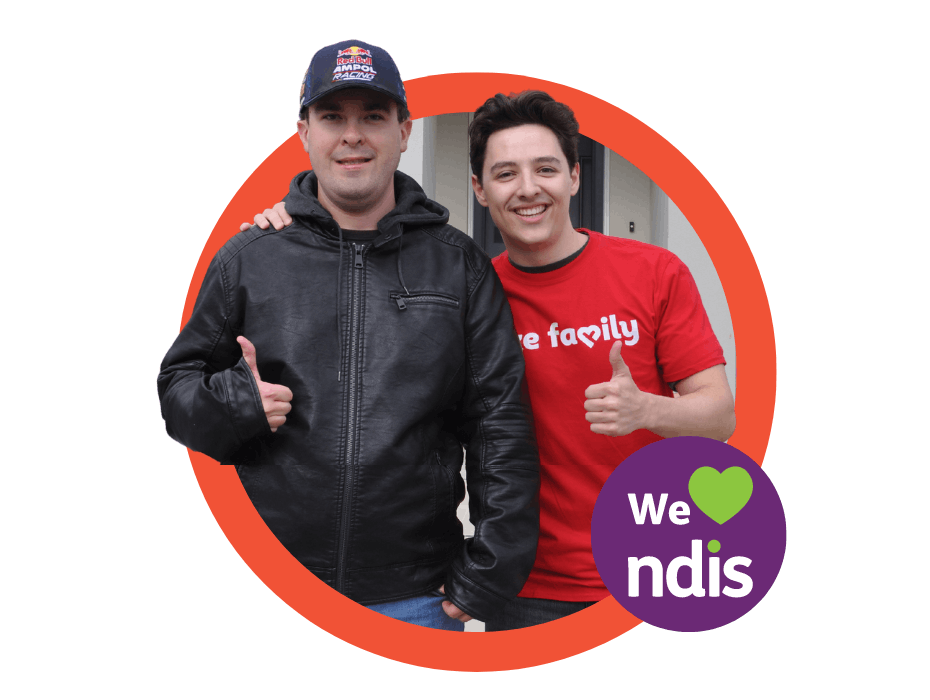 A Like Family Social Carer and Member with their thumbs up next to a "We heart NDIS" logo