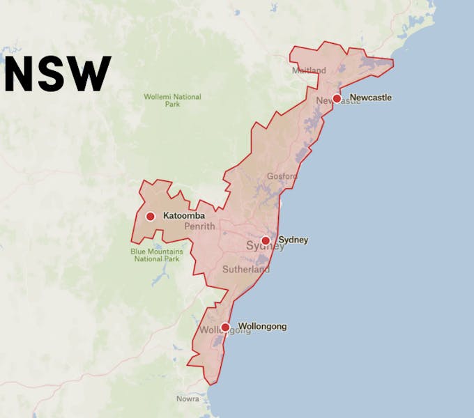 Map of where Like Family operates in NSW, including Sydney, Newcastle, Wollongong and Katoomba