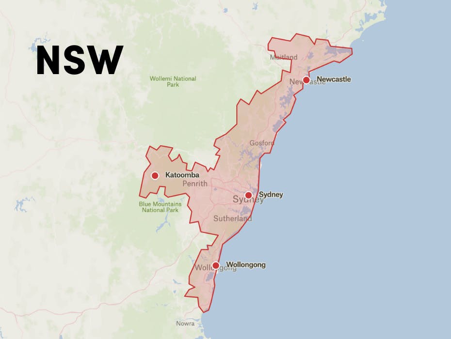 Map of where Like Family operates in NSW, including Sydney, Newcastle, Wollongong and Katoomba