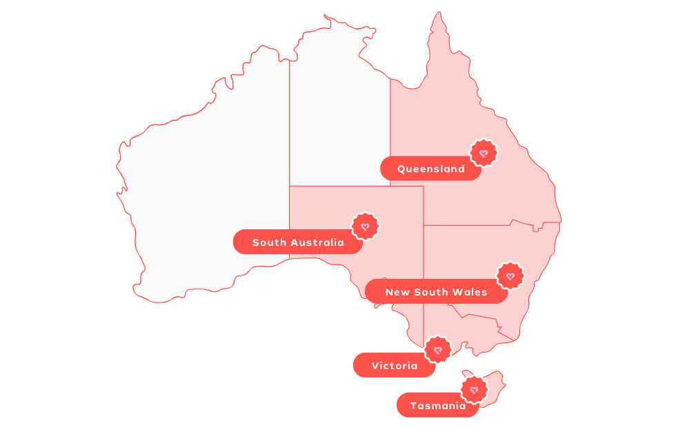 Map of Australia indicating the states that Like Family services: New South Wales, Victoria, Queensland, South Australia and Tasmania