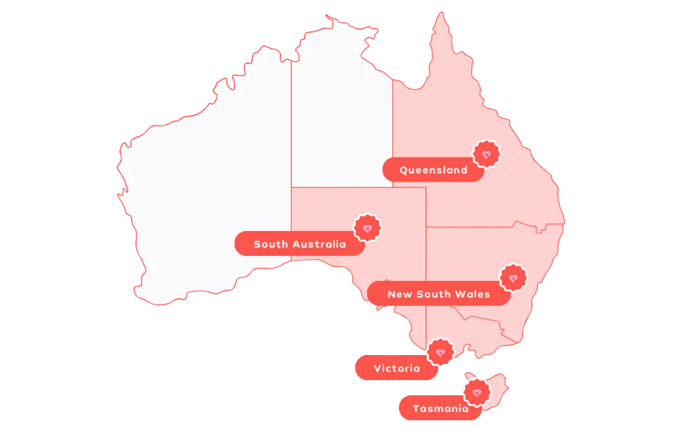 Map of Australia indicating the states that Like Family services: New South Wales, Victoria, Queensland, South Australia and Tasmania
