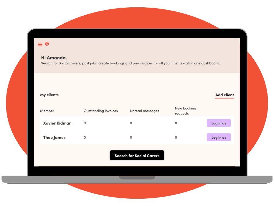 Laptop screen showing the Like Family dashboard for support coordinators