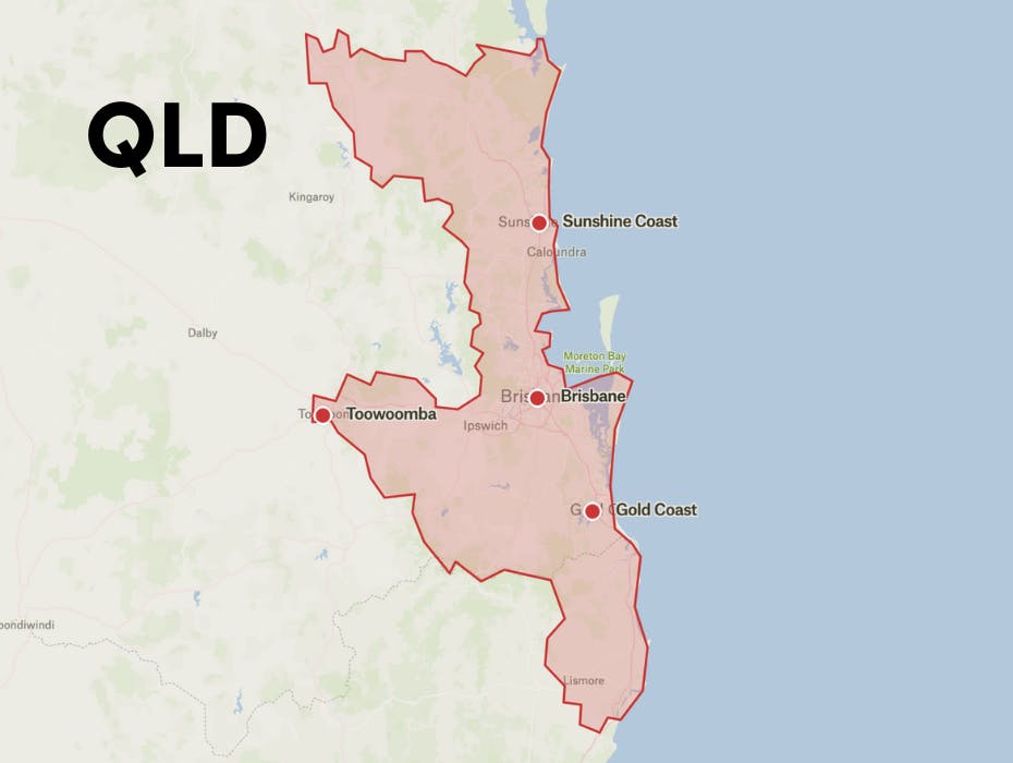 Map of where Like Family operates in Queensland, including Brisbane, Gold Coast, Sunshine Coast and Toowoomba