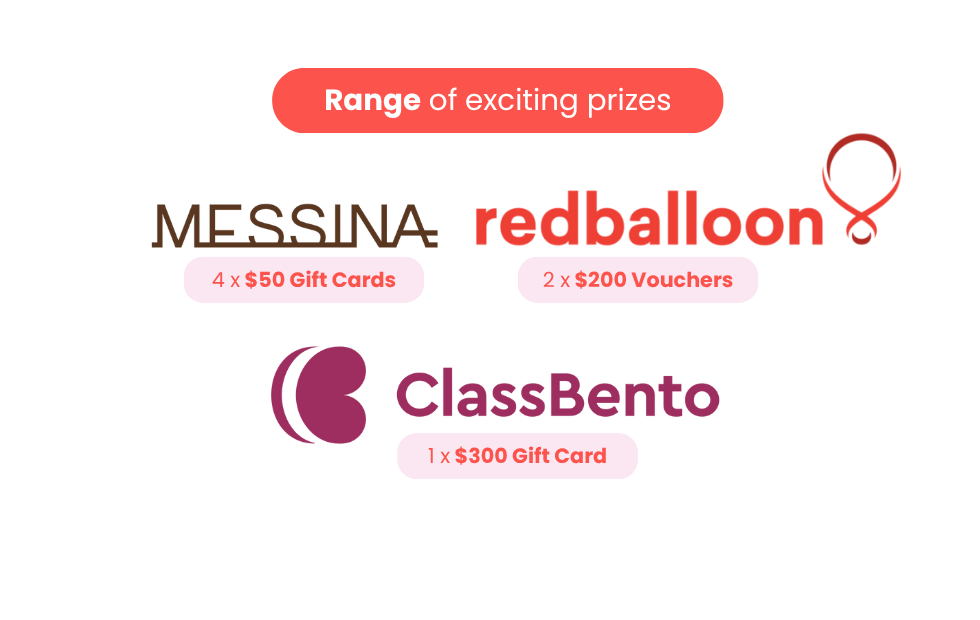 Range of exciting prizes: 4x$50 Messina Gift Cards, 2x$200 Redballoon vouchers, 1x$300 ClassBento Gift Card