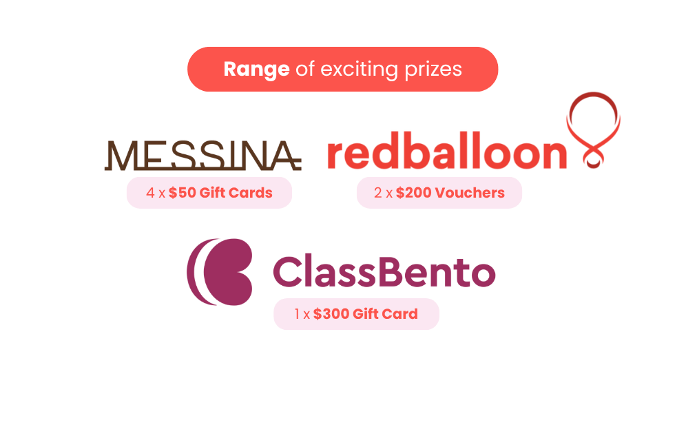Range of exciting prizes: 4x$50 Messina Gift Cards, 2x$200 Redballoon vouchers, 1x$300 ClassBento Gift Card