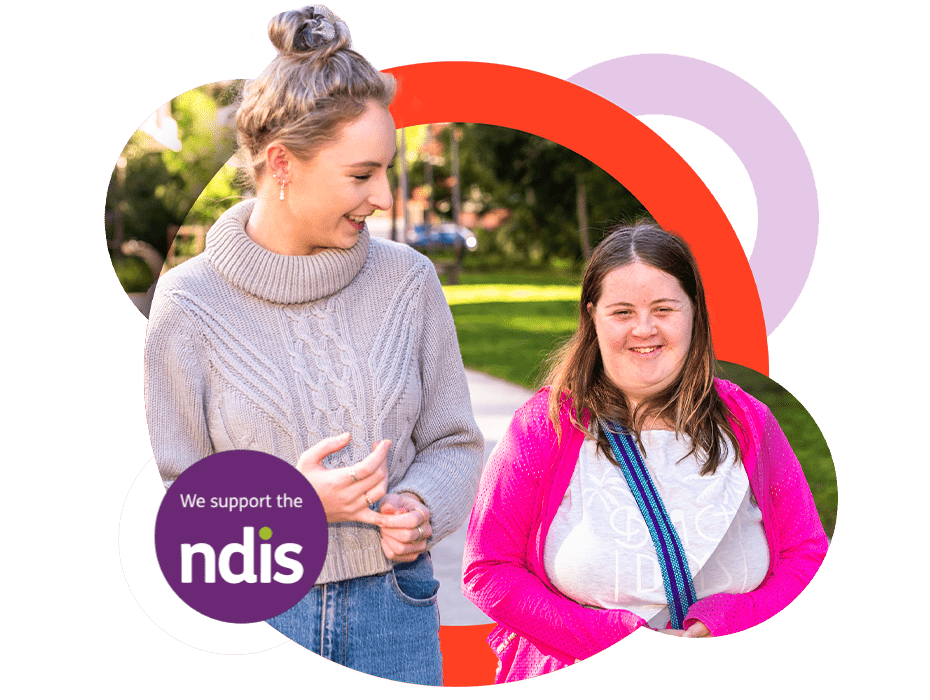 A Like Family support worker and her young Member. A purple "We support the NDIS" logo is on their left
