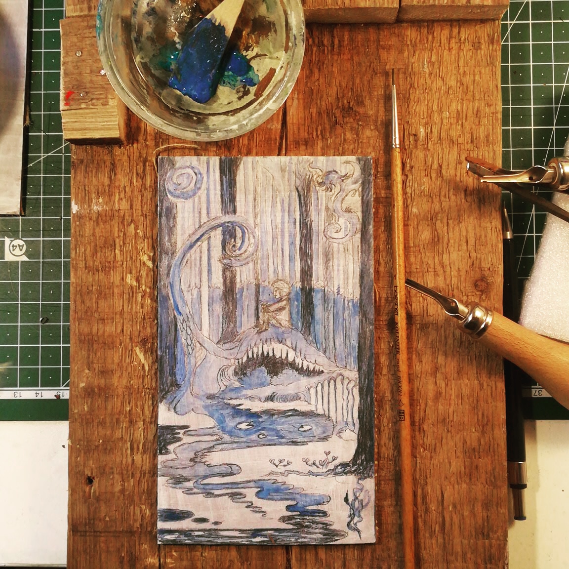 Vorbereitungen für Linolschnitt - Allein im Wald, Lillian Noack