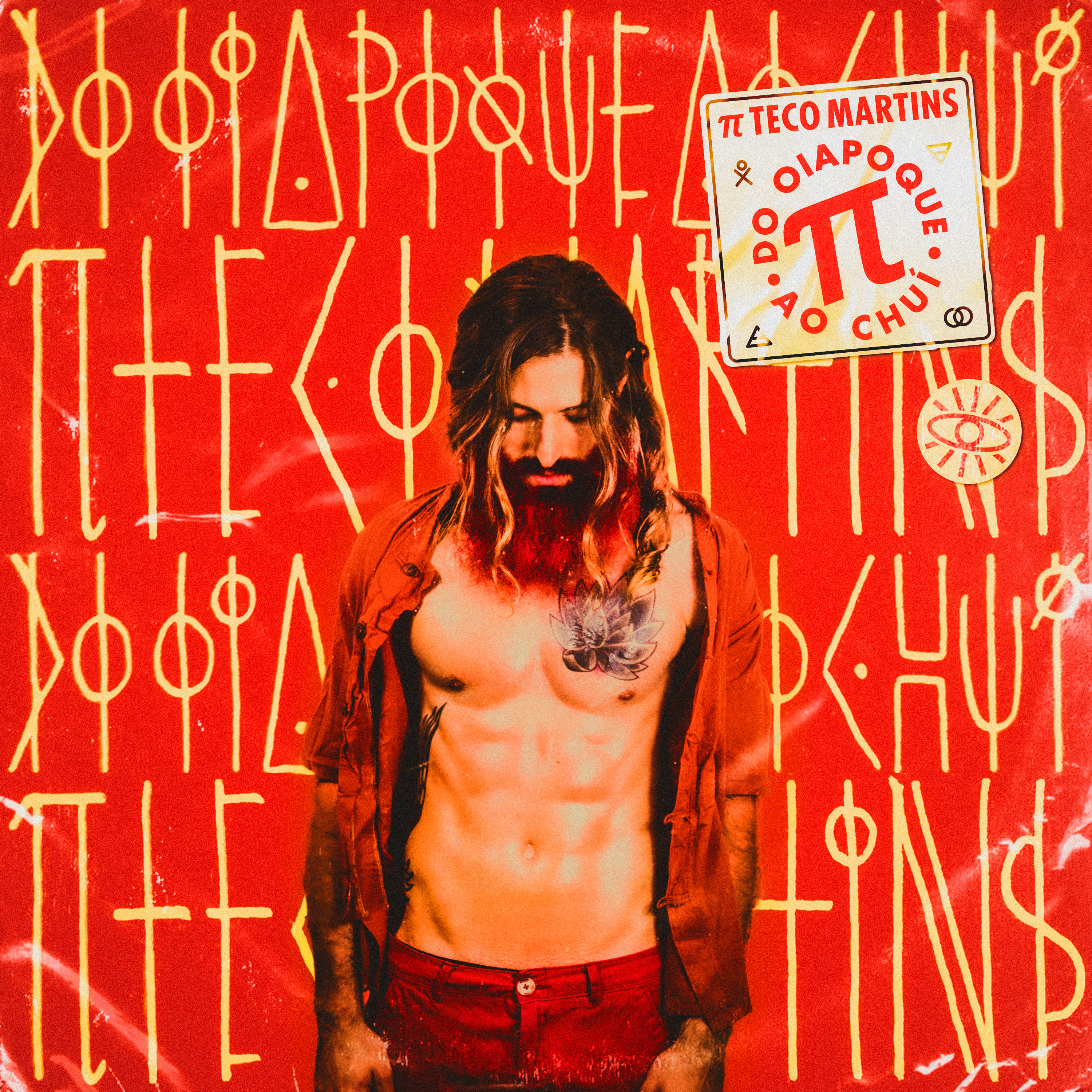 Teco Martins está com uma calça vermelha e uma camisa vermelha aberta, mostrando a barriga. A barba também está pintada de vermelha e, ao fundo, tudo é vermelho com a grafia Do Oiapoque ao Chuí. Esta é a capa do primeiro single do novo álbum do artista.