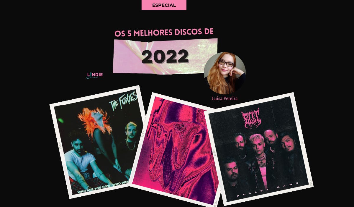 Montagem para publicação dos melhores discos do ano com as capas dos álbuns Estranho, do Molho Negro, BLLT, do Bullet Bane e Who Are You Now, Who Were You Then?, do The Foxies