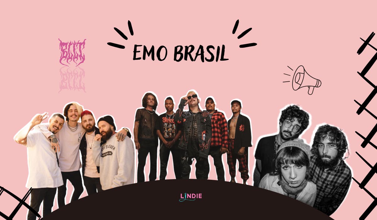 Arte tem o fundo rosa claro com fotos da banda Odeon, Incêndio e Cinema4D. No topo, está escrito "emo Brasil", em preto. 