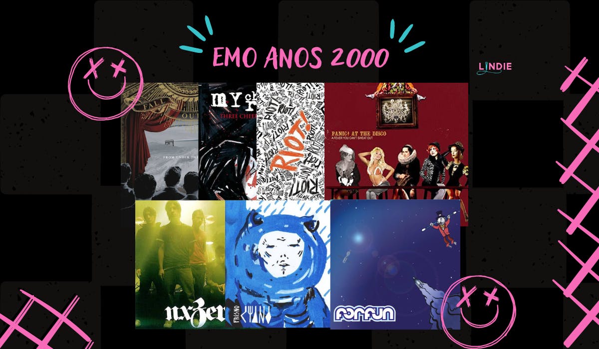 Montagem com as capas dos álbuns Fall Out Boy – From Under The Cork Tree (2005), My Chemical Romance – Three Cheers For Sweet Revenge (2004), Paramore – Riot! (2007), Panic! At The Disco – A Fever You Can’t Sweat Out (2005), NX Zero - NX Zero (2006), Fresno - Ciano (2006) e Forfun - Teoria Dinâmica Gastativa (2005)