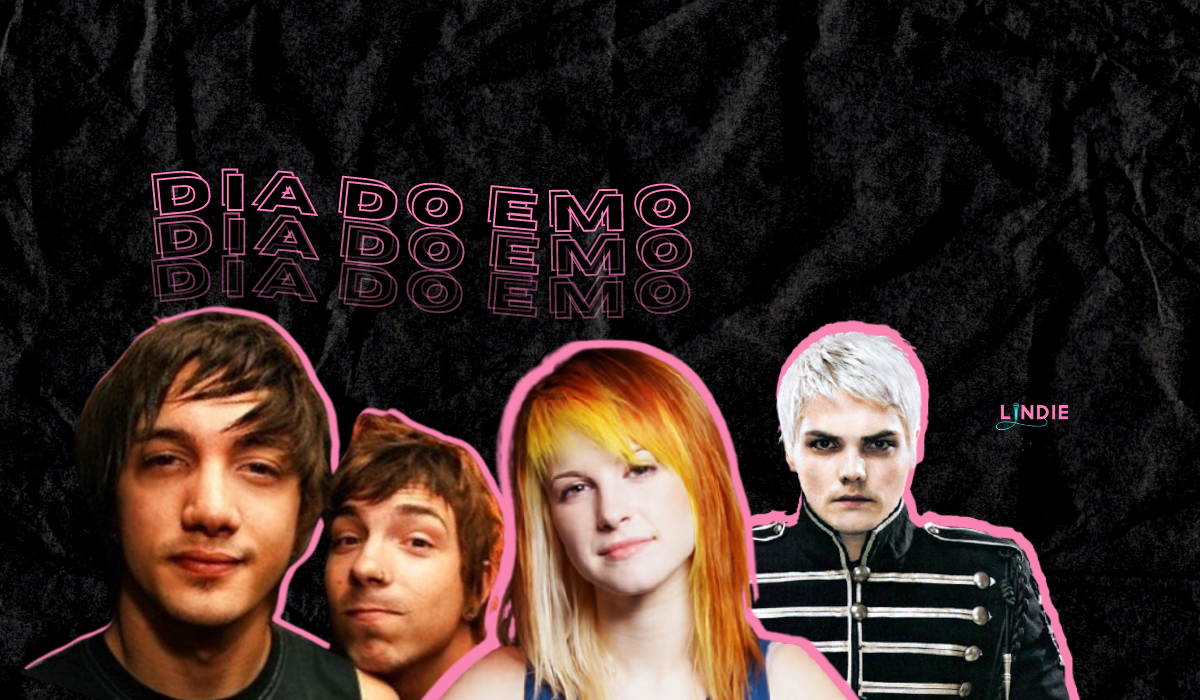 Montagem com as imagens de Gee Rocha, Di Ferrero, Hayley Williams e Gerard Way, sobre o Dia do Emo.