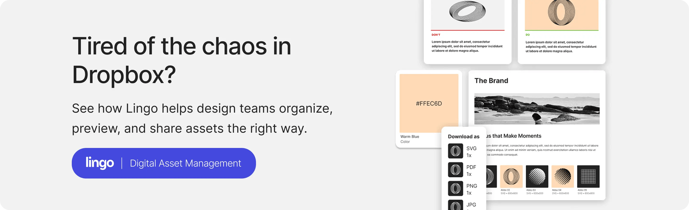 Banner ad speaking to being tired of Dropbox and the CTA to visit us for digital asset management