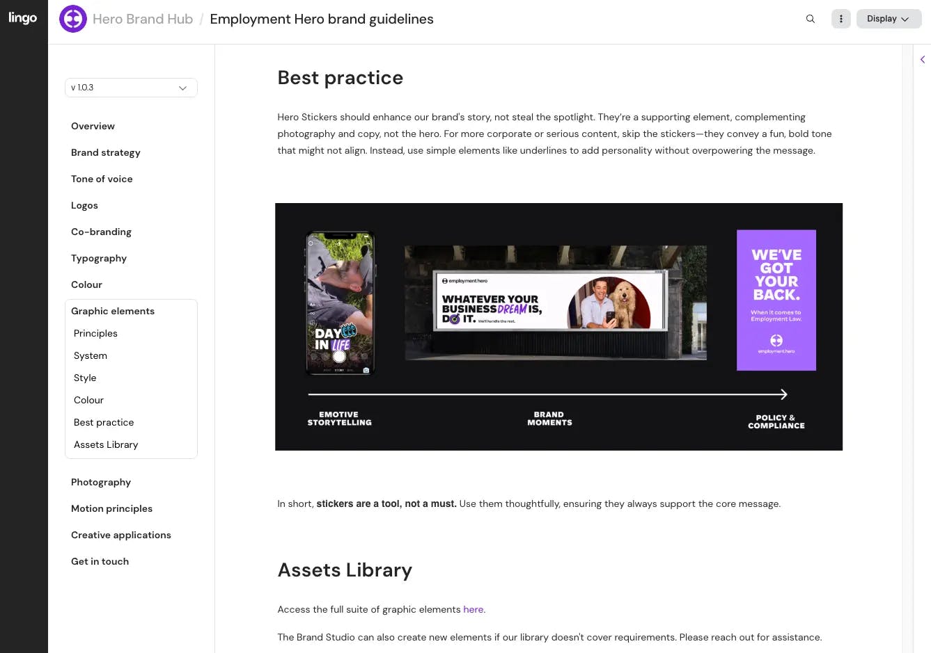 An example of a kit inside Lingo of digital brand guidelines for employment hero.