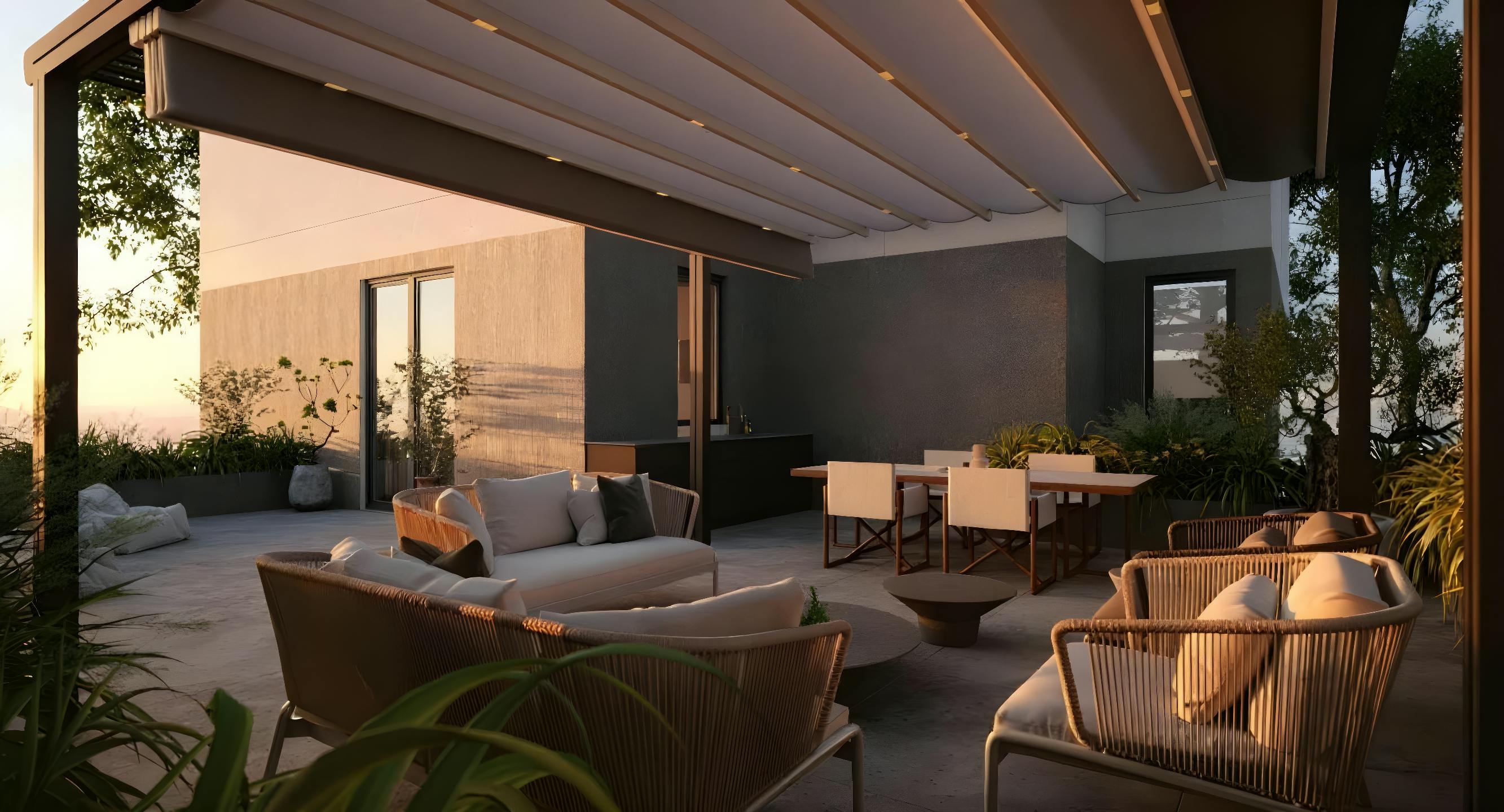 Privatna terasa stana Exclusive Garden Apartment sa lounge zonom i trpezarijom na otvorenom