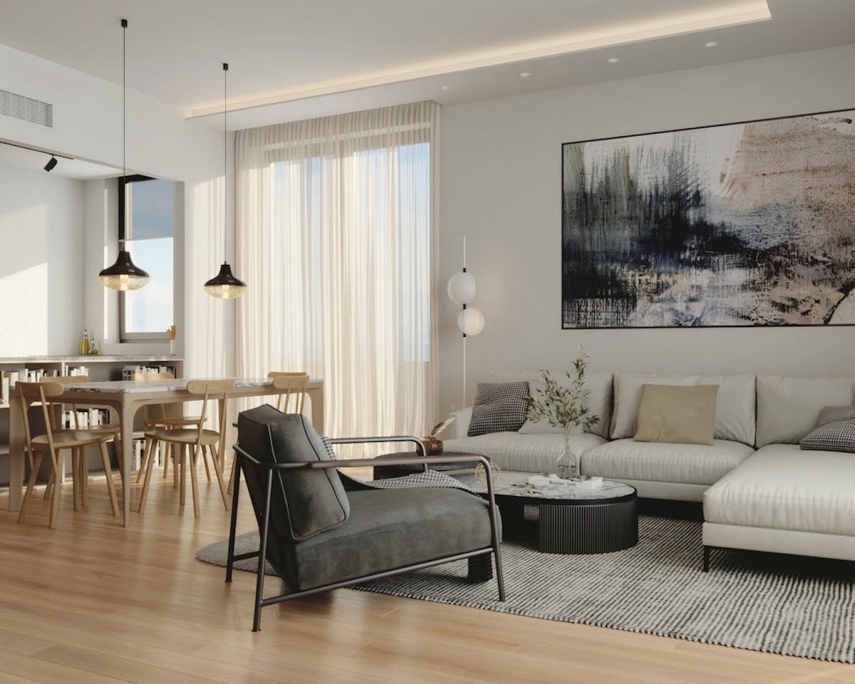 Moderan dnevni boravak sa trpezarijom i poluotvorenom kuhinjom sa barskim pultom.