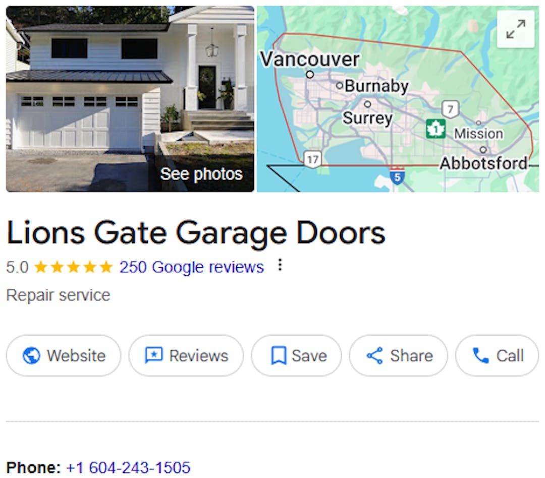 Lions Gate Garage Doors Google Business Profile showing 250 reviews