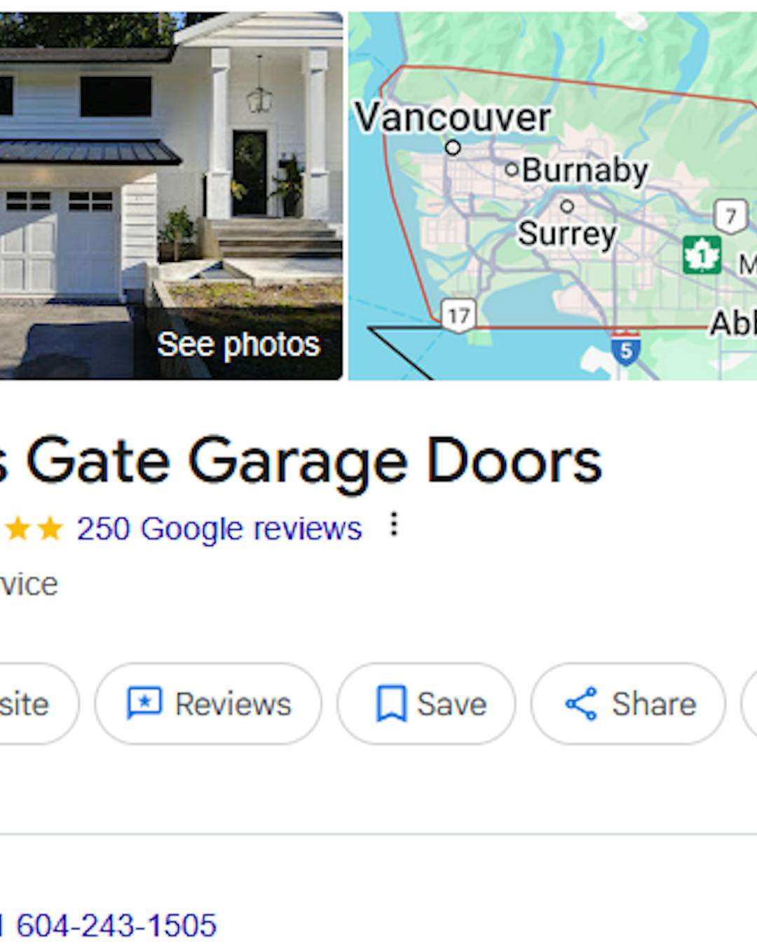 Lions Gate Garage Doors Google Business Profile showing 250 reviews