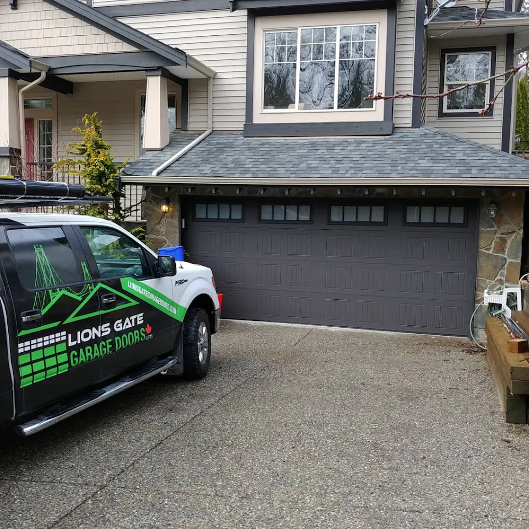 Modern charcoal garage door installed for a residential home