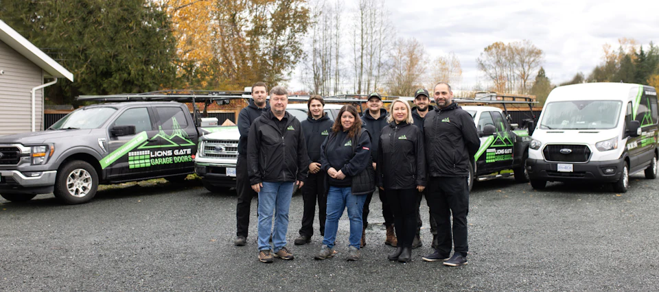Lions Gate Garage Doors team and service vehicles in Metro Vancouver