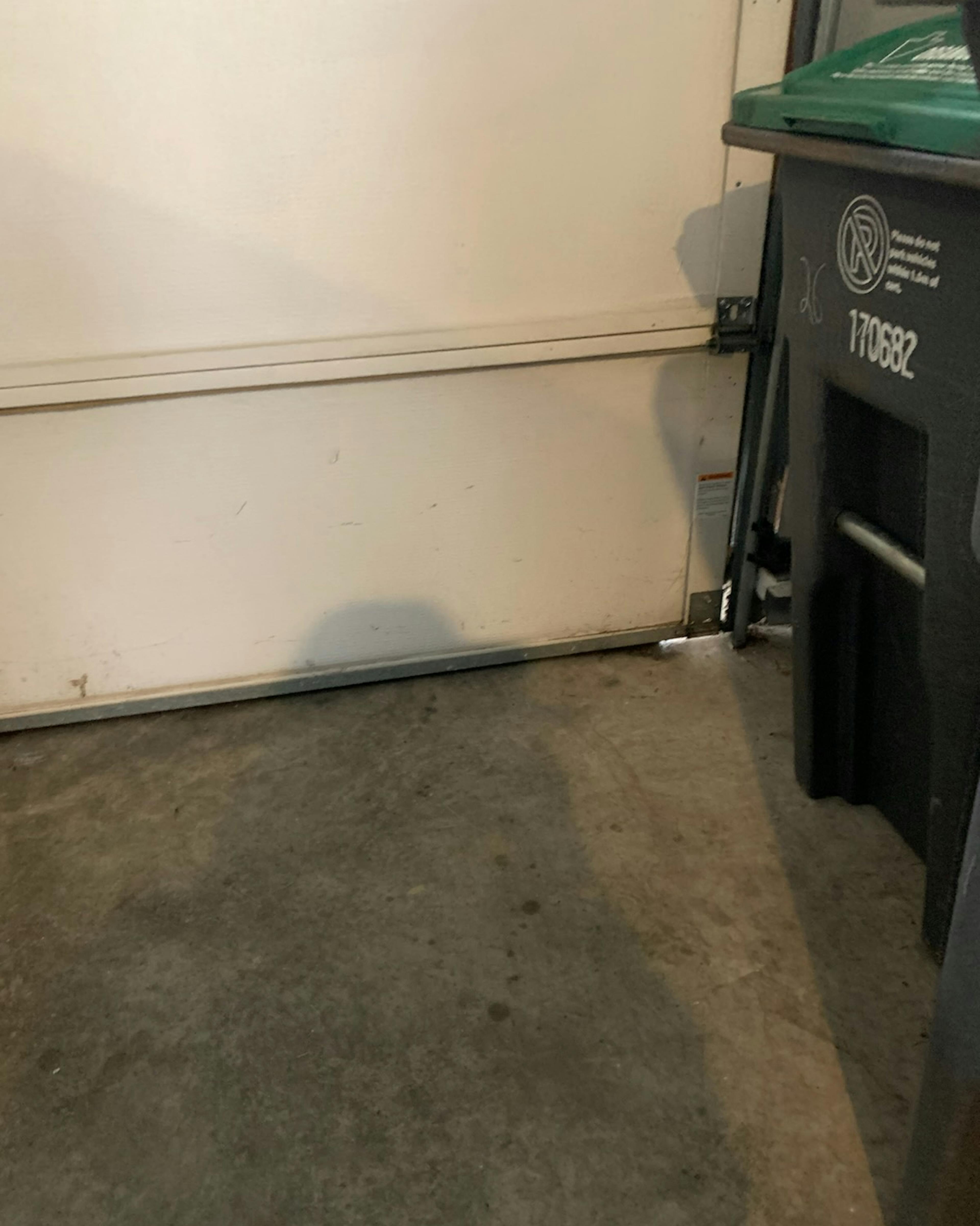 A garage door with daylight coming in from the bottom right corner providing space for pests to enter A garage door with daylight coming in from the bottom right corner providing space for pests to enter