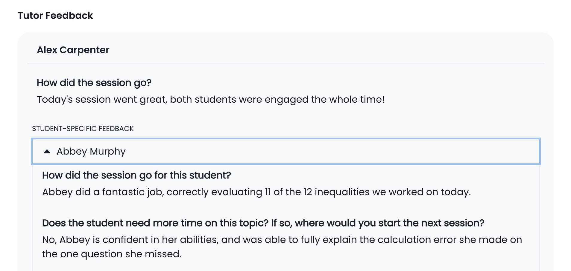 Screen showing tutor feedback in the Littera TMS