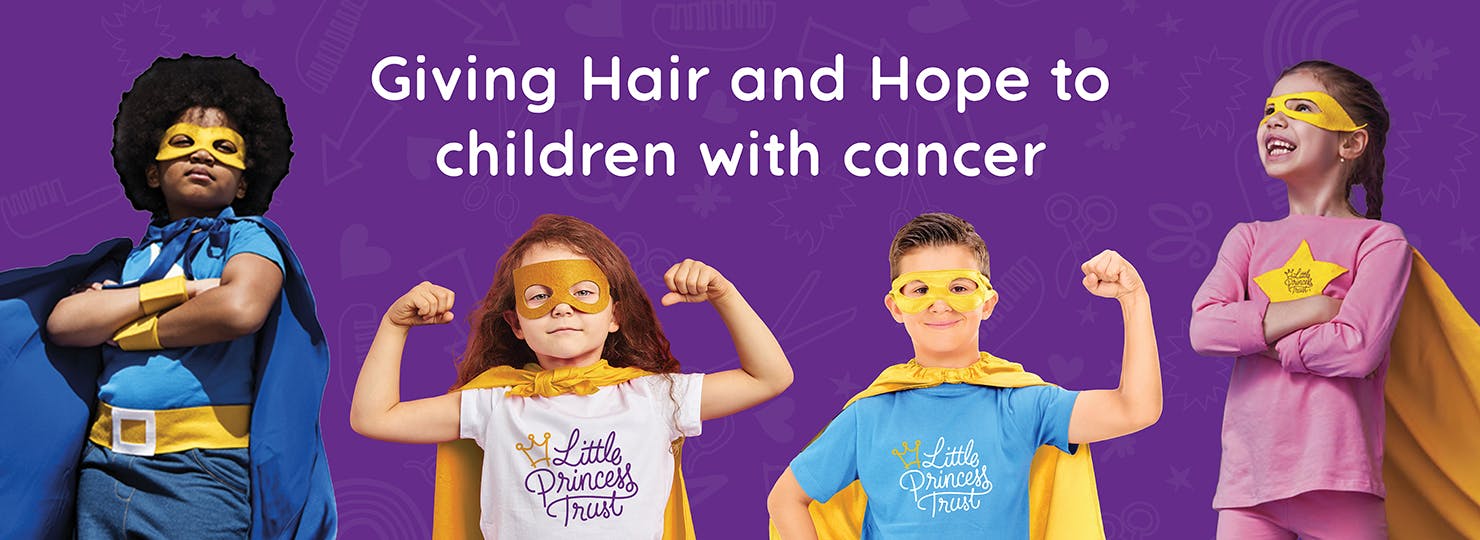 Four kids in superhero costumes, with text that reads, giving hair and hope to children with cancer.
