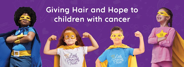Four kids in superhero costumes, with text that reads, giving hair and hope to children with cancer.