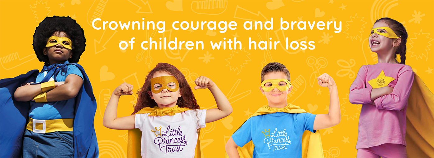 Four kids in superhero costumes, with text that reads, giving hair and hope to children with cancer.