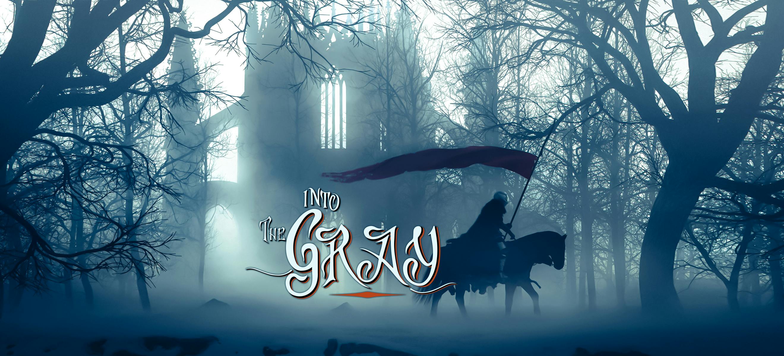 A knight riding a horse through a foggy forest, with the Into the Gray logo on the bottom of the image. 