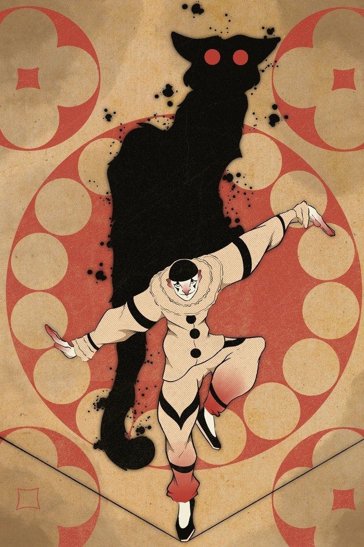 Artwork of a clown on a tightrope. His shadow is a demon cat.